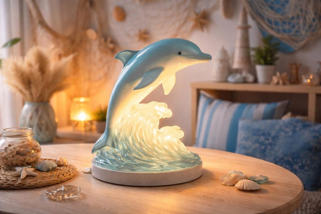 découvrez la lampe le dauphin, une création unique qui apporte une ambiance marine chaleureuse et apaisante à votre intérieur.