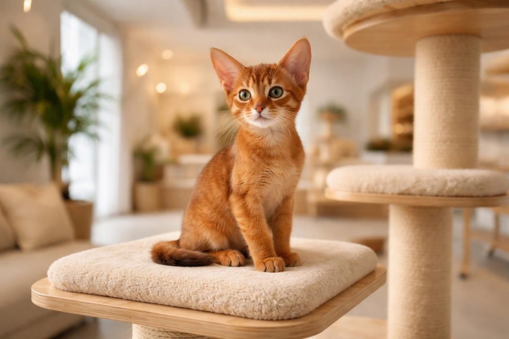 découvrez un chaton abyssin confortablement installé dans un arbre à chat, un moment de détente et de jeu pour votre compagnon félin.