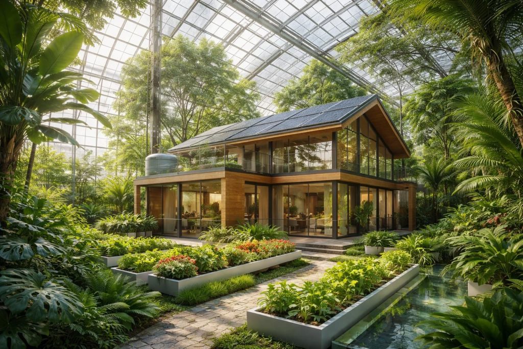 découvrez une maison dans une serre, un habitat écologique et autonome alliant innovation et respect de l'environnement pour un mode de vie durable.
