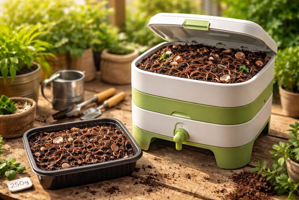 découvrez nos vers lombrics composteurs en barquette de 250g, idéaux pour un compostage naturel et efficace à domicile.